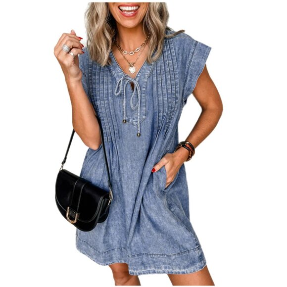 👗 Beau Blue Tucked V-Neck Tie Front Denim Shift Dress – Sizes M & L - Picture 1 of 7